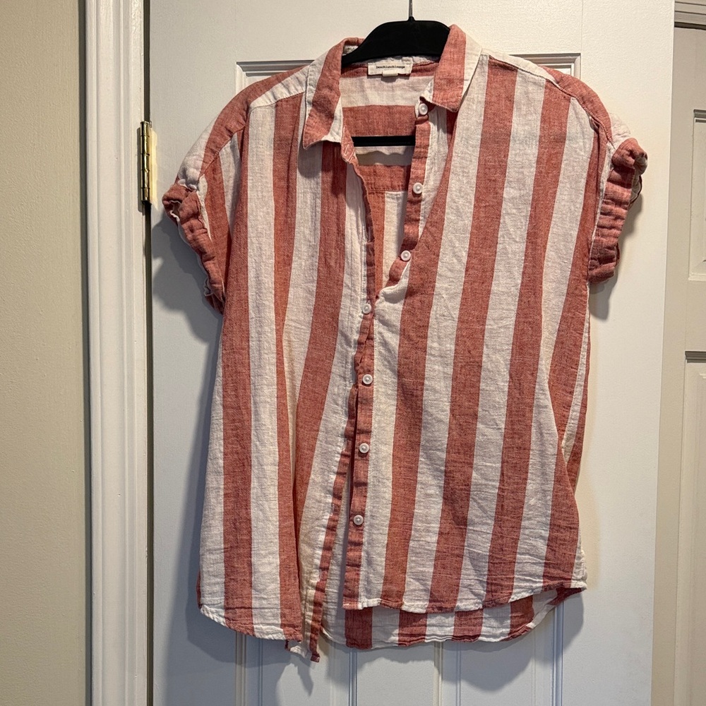 beachlunchlounge Rust and White Vertical Stripe Button Shirt